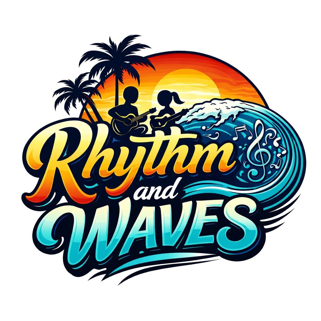 Rhythm and Waves logo with two guitarists, sunset and ocean waves