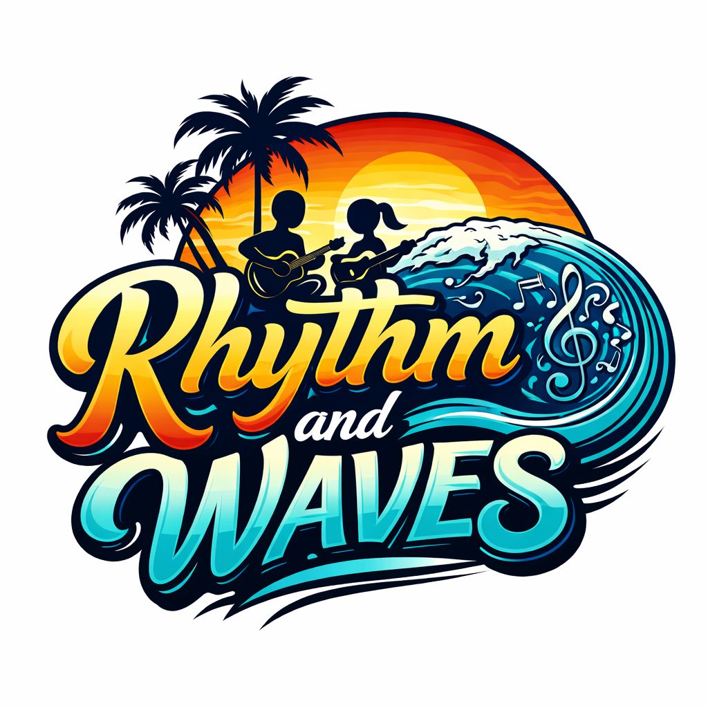 Rhythm and Waves logo with two guitarists, sunset and ocean waves