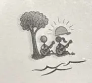 A sketch of two guitarists beside the water